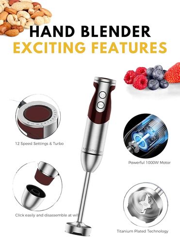 Megawise 3-in-1 Hand Blender – 12-Speed, Includes Powerful Blender Stick, Whisk, and Milk Frother – Easy to Clean and Perfect for Smoothies, and More (Red) in Kuwait
