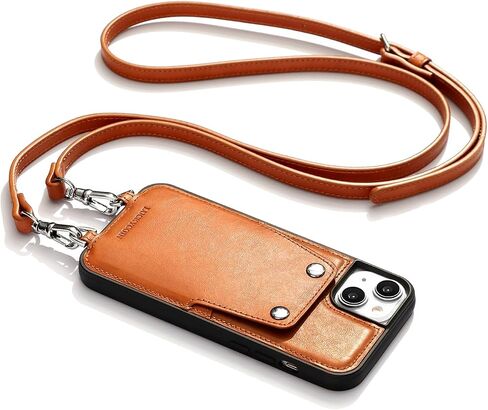 Leather Crossbody Case Compatible with iPhone 15 Pro Max 6.7 in,Genuine Leather Purse Phone Case with 2 Card Slot for Women,Wallet Case with Adjustable Lanyard Shoulder Strap,Brown in Kuwait