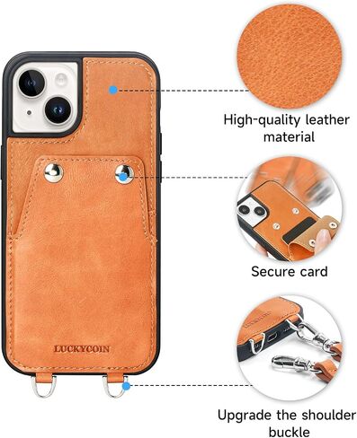 Leather Crossbody Case Compatible with iPhone 15 Pro Max 6.7 in,Genuine Leather Purse Phone Case with 2 Card Slot for Women,Wallet Case with Adjustable Lanyard Shoulder Strap,Brown in Kuwait