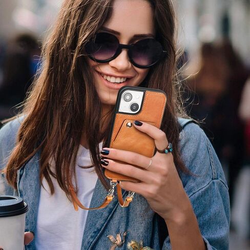 Leather Crossbody Case Compatible with iPhone 15 Pro Max 6.7 in,Genuine Leather Purse Phone Case with 2 Card Slot for Women,Wallet Case with Adjustable Lanyard Shoulder Strap,Brown in Kuwait