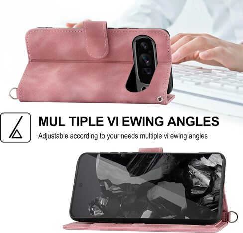 Wallet Case Compatible with Google Pixel 9/9 Pro 5G with Wrist Strap Crossbody Strap, Embossed Leather Flip Credit Card Holder Stand Cell Phone Cover for Pixel9 9Pro Nine Women Girls Pink in Saudi Arabia