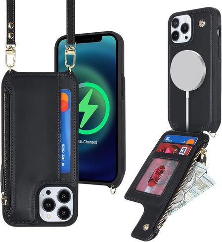 حافظة Cavor لهاتف iPhone 15 Pro Max مع حامل بطاقة، حافظة محفظة لهاتف iPhone 15 Pro Max للنساء، متوافقة مع Magsafe المغناطيسي، حافظة هاتف لهاتف iPhone 15 Pro Max Crossbody مع حزام - أسود in Kuwait