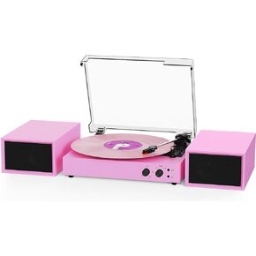 Record Player for Vinyl with External Speakers, Bluetooth 3 Speed Vintage Belt-Driven 33 45 78 RPM Turntable with Stereo Speakers, MP3 PC Recording, RCA Line-Out, AUX-in Headphone Out,Pink