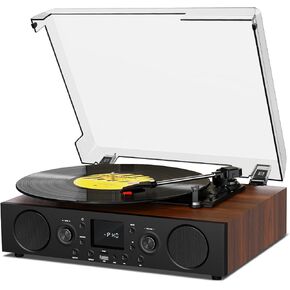 Vinyl Record Player with Speaker, USB Recording Mute Sound, 3 Speed Vintage Turntable with Bluetooth FM Radio RCA Line Out & AXU-in, Brown
