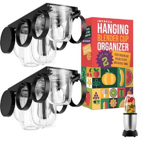 IMPRESA [2 Pack] Kitchen Storage Cup Holder for Magic Bullet Blender Cups, Lids & Rims - Hanging Shelf Organizer with Hooks - Hanging Cup Holder Kitchen Organization Storage Rack - Fits 6 Cups Total