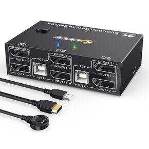 DP Dual Monitor KVM Switch DisplayPort 1.4 8K@30Hz 4K@144Hz,MLEEDA DP Extended Display KVM Switch for 2 Computers Share 2 Monitors and 4 USB 2.0 Ports,Wired Remote and 4 Cables Included