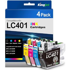 Kingjet Compatible for Brother LC401 Ink Cartridges Replacement for LC401XL LC401 LC401 XL for Brother MFC-J1010DW MFC-J1170DW MFC-J1012DW Printer, 4 Pack (Black/Cyan/Magenta/Yellow)