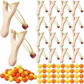 Wooden Toy Slingshot with 100 Pcs EVA Foam Balls Wooden Hunting Slingshot with Rubber Band Wood Slingshot for Adults Boys Girls Shooting Catapult Game Outdoor Sports Camping Hiking