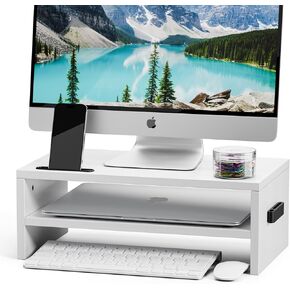 Marbrasse Monitor Stand Riser, 16.5 Inch 2 Tier Computer Printer Shelf Stand for Laptop Computer Screen Storage, Desktop Stand with Phone Holder and Cable Management Black