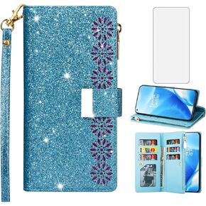 Phone Case for OnePlus Nord N200 5G Wallet Cover With Tempered Glass Screen Protector Bling Glitter Flip Zipper Card Holder Cell One Plus N 200 G5 1 Plus 200N 1plus One+ 1+ N2005G 2021 Women Black