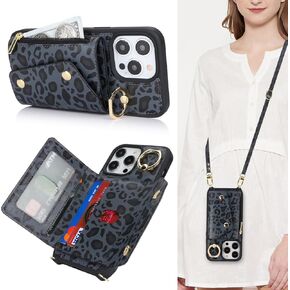 for iPhone 13 Pro Max Case with Card Holder and Strap - Zipper Pocket,Crossbody Lanyard Strap,Credit Card Holder,Stand Ring,Cute Phone Wallet Case for Women(Black Leopard,6.7 Inch)