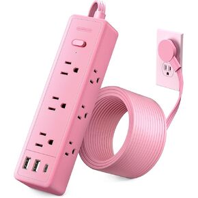 Pink Power Strip, NTONPOWER Surge Protector Power Strip 5FT Flat Extension Cord, 9 Outlets 3 USB Ports(1 USB C), Wall Mount, 1080J, Multiple Outlets for Home Office, Vanity Desk, Nightstand,Women