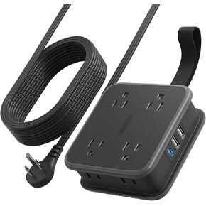 Flat Extension Cord 10 FT, Power Strip with 8 Widely Outlets 3 USB Ports(1 USBC), Flat Plug Extension Cord with Multiple Outlets, Wall Mounted Outlet Extender Long Cord for Indoor, Home, Office, White