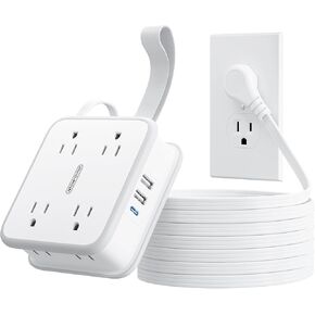 سلك تمديد مسطح بطول 10 أقدام، شريط طاقة مع 8 منافذ واسعة و3 منافذ USB (1 USBC)، سلك تمديد مسطح مع منافذ متعددة، سلك موسع منفذ مثبت على الحائط للداخل، المنزل، المكتب، أبيض in Kuwait