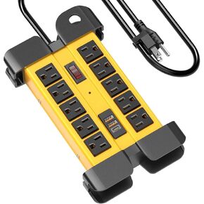 شريط طاقة عالي التحمل بـ 10 منافذ مع USB C، شحن سريع، واقي من زيادة التيار في شريط الطاقة لورشة العمل، 1200 جول، شريط طاقة معدني صناعي 15 أمبير، سلك تمديد بطول 6 أقدام لمكتب المطبخ والحديقة