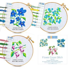 Kraftex Floral Stamped Cross Stitch Kits for Beginners - 3 Pack. DIY Embroidery Needlepoint Patterns for Adults and Kids. Easy Cross Stitch Kits for Beginners
