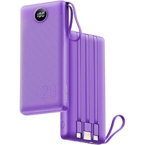 VRURC Portable Charger 20000mAh, Built-in Cable Fast Charging Power Bank, PD QC 3.0 USB C Battery Pack LED Display, 4 Output & 2 Input Phone Charger for iPhone，Samsung, Android-Black