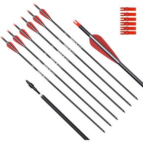 Archery Carbon Arrow Hunting Target Practice Arrows 26 28 30 Inch with Removable Tips for Compound & Recurve Bow 500 Spine 6PCS 12PCS