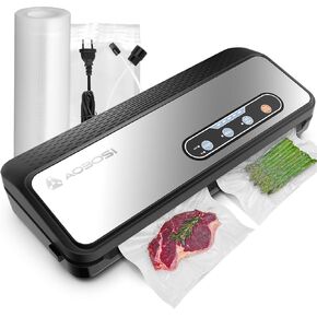 Vacuum Sealer Machine, Aobosi Powerful 90Kpa 8-IN-1 Food Vacuum Sealer for Dry/Moist Food, Built-in Cutter and Bag Storage, Bag Roll & 5 Pre-cut Bags