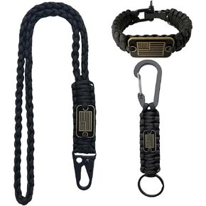 Heavy Duty Paracord Set - Lanyard Necklace, Carabiner Keychain, and Tactical Survival Bracelet for Men and Woman with Bronze USA Flag