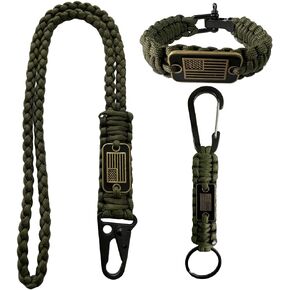 Heavy Duty Paracord Set - Lanyard Necklace, Carabiner Keychain, and Tactical Survival Bracelet for Men and Woman with Bronze USA Flag