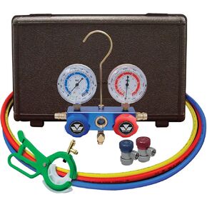 Mastercool 89661-UV Aluminum Manifold Gauge Set and Mini Dye Injector with Manual Coupler, Blue