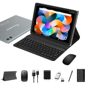 Tablet with Keyboard, 128GB Android Tablet 10 Inch, 8GB RAM+ 1TB Expansion, 2-In-1 Tablet, Octa-Core Processor, 13+8MP Dual Camera, 5G WIFI Tablet, Bluetooth, GPS, W/ Foldable Case, Mouse, Stylus,Gray