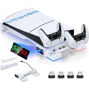 PS5 Stand, PS Charging Station with Dual Controller Charger, RGB Stand with Cases & Storage for PS Vita Console, PS Accessories for PS Vita Cases & Storage