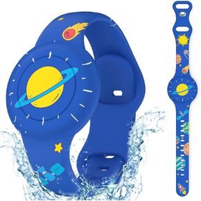 Waterproof Airtag Watch Bracelet for Kids, AirTag Holder for Kids with Soft Silicone Full Coverage Anti-Lost Hidden Apple Air Tags Wristband for Boys - Navy Blue Planet