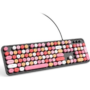 KNOWSQT Wired Computer Keyboard - Milk Tea Colorful Retro Full Size Round Keycaps Plug and Play Typewriter Keyboards for Windows, Laptop, PC, Desktop, Mac