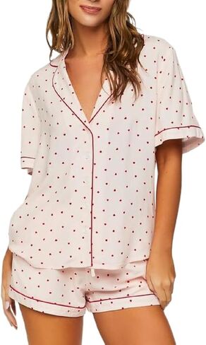 Seyurigaoka Womens Heart Print Pajamas Shorts Set Short Sleeve Sleepwear Loungewear Button-Down 2 Piece Pjs Set in Kuwait