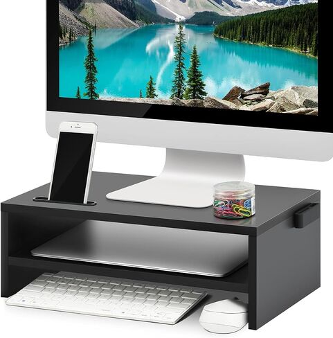 Marbrasse Monitor Stand Riser, 16.5 Inch 2 Tier Computer Printer Shelf Stand for Laptop Computer Screen Storage, Desktop Stand with Phone Holder and Cable Management Black in Saudi Arabia