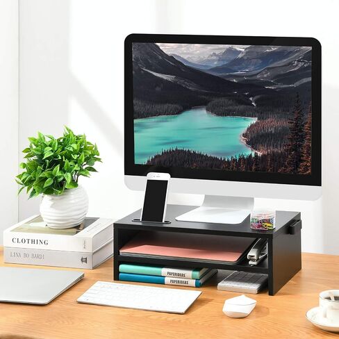 Marbrasse Monitor Stand Riser, 16.5 Inch 2 Tier Computer Printer Shelf Stand for Laptop Computer Screen Storage, Desktop Stand with Phone Holder and Cable Management Black in Saudi Arabia