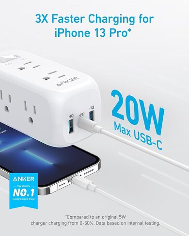Anker (عبوة من 2) واقي التيار الكهربائي USB C (300J)، 6 منافذ وتوصيل طاقة 20 وات لهاتف iPhone 15/15 Plus/15 Pro/15 Pro Max، موسع منافذ 3 جوانب، سلك تمديد 5 أقدام، للمدرسة والمنزل ،مكتب in Kuwait