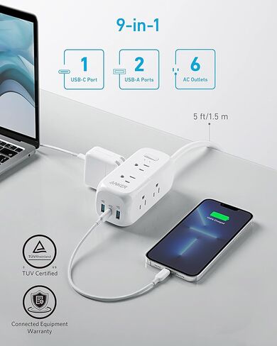 Anker (عبوة من 2) واقي التيار الكهربائي USB C (300J)، 6 منافذ وتوصيل طاقة 20 وات لهاتف iPhone 15/15 Plus/15 Pro/15 Pro Max، موسع منافذ 3 جوانب، سلك تمديد 5 أقدام، للمدرسة والمنزل ،مكتب in Kuwait