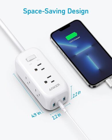 Anker (عبوة من 2) واقي التيار الكهربائي USB C (300J)، 6 منافذ وتوصيل طاقة 20 وات لهاتف iPhone 15/15 Plus/15 Pro/15 Pro Max، موسع منافذ 3 جوانب، سلك تمديد 5 أقدام، للمدرسة والمنزل ،مكتب in Kuwait