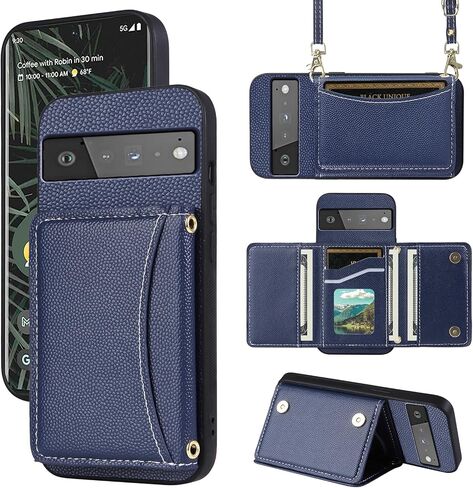 Phone Case for Google Pixel 6 Pro Wallet Cover with Crossbody Shoulder Strap and Leather Credit Card Holder Pocket Slim Stand Cell Accessories Pixel6Pro Pixel6 XL 6XL Pixle 6Pro 5G Girls Blue in Saudi Arabia