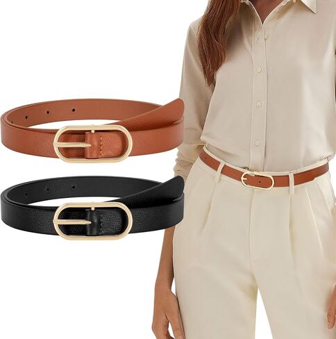 XZQTIVE 2 Pack Women's Skinny Leather Belt Thin Belt for Women with Gold Buckle Plus Size Waist Belt for Jeans Dresses Pants in Kuwait