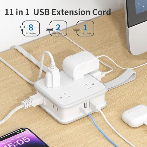 Flat Extension Cord 10 FT, Power Strip with 8 Widely Outlets 3 USB Ports(1 USBC), Flat Plug Extension Cord with Multiple Outlets, Wall Mounted Outlet Extender Long Cord for Indoor, Home, Office, White in Kuwait