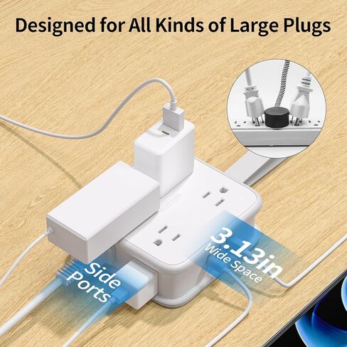Flat Extension Cord 10 FT, Power Strip with 8 Widely Outlets 3 USB Ports(1 USBC), Flat Plug Extension Cord with Multiple Outlets, Wall Mounted Outlet Extender Long Cord for Indoor, Home, Office, White in Kuwait