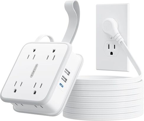 Flat Extension Cord 10 FT, Power Strip with 8 Widely Outlets 3 USB Ports(1 USBC), Flat Plug Extension Cord with Multiple Outlets, Wall Mounted Outlet Extender Long Cord for Indoor, Home, Office, White in Kuwait