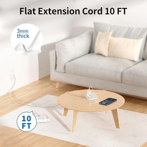 Flat Extension Cord 10 FT, Power Strip with 8 Widely Outlets 3 USB Ports(1 USBC), Flat Plug Extension Cord with Multiple Outlets, Wall Mounted Outlet Extender Long Cord for Indoor, Home, Office, White in Kuwait