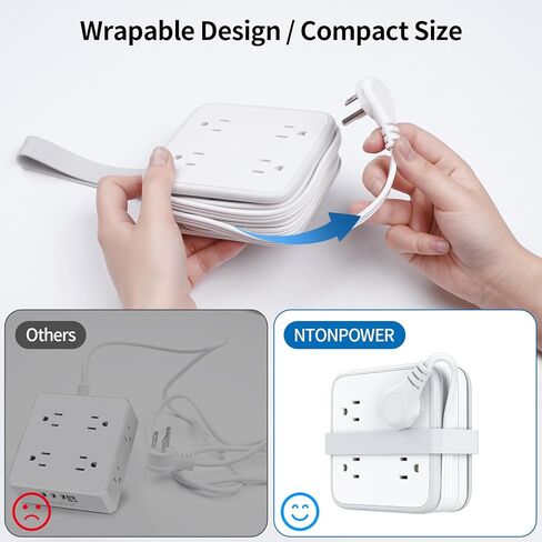 Flat Extension Cord 10 FT, Power Strip with 8 Widely Outlets 3 USB Ports(1 USBC), Flat Plug Extension Cord with Multiple Outlets, Wall Mounted Outlet Extender Long Cord for Indoor, Home, Office, White in Kuwait