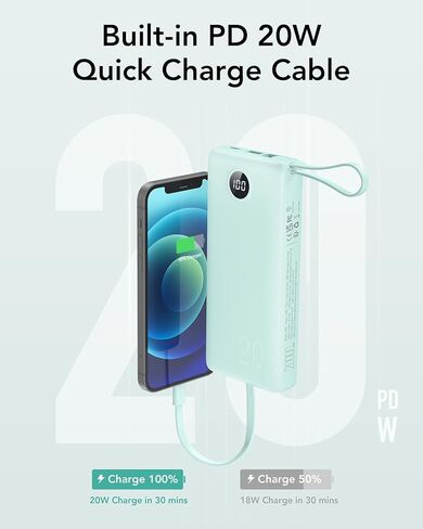 VRURC Portable Charger 20000mAh, Built-in Cable Fast Charging Power Bank, PD QC 3.0 USB C Battery Pack LED Display, 4 Output & 2 Input Phone Charger for iPhone，Samsung, Android-Black in Kuwait