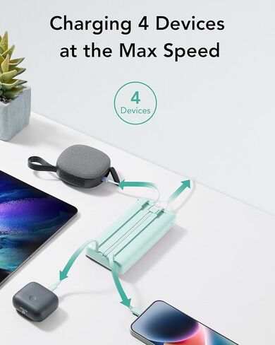 VRURC Portable Charger 20000mAh, Built-in Cable Fast Charging Power Bank, PD QC 3.0 USB C Battery Pack LED Display, 4 Output & 2 Input Phone Charger for iPhone，Samsung, Android-Black in Kuwait