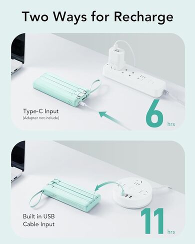 VRURC Portable Charger 20000mAh, Built-in Cable Fast Charging Power Bank, PD QC 3.0 USB C Battery Pack LED Display, 4 Output & 2 Input Phone Charger for iPhone，Samsung, Android-Black in Kuwait