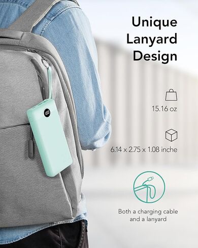 VRURC Portable Charger 20000mAh, Built-in Cable Fast Charging Power Bank, PD QC 3.0 USB C Battery Pack LED Display, 4 Output & 2 Input Phone Charger for iPhone，Samsung, Android-Black in Kuwait