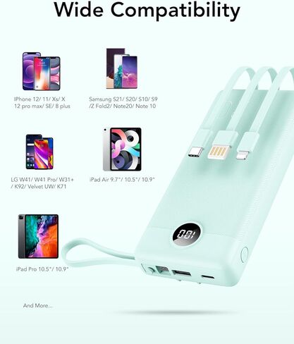 VRURC Portable Charger 20000mAh, Built-in Cable Fast Charging Power Bank, PD QC 3.0 USB C Battery Pack LED Display, 4 Output & 2 Input Phone Charger for iPhone，Samsung, Android-Black in Kuwait