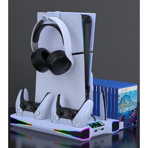 PS5 Stand, PS3 Slim Cooling Station with 3-Level Cooling Fan, RGB Stand with Controller Charging Station for Playstation 3 Console, PS3 Accessories with Headset Holder