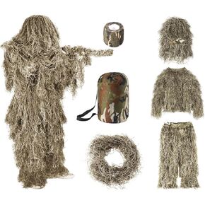 6 in 1 Ghillie Suit, 3D Camouflage Hunting Apparel Including Jacket, Pants, Hood, Carry Bag and Camo Tapes